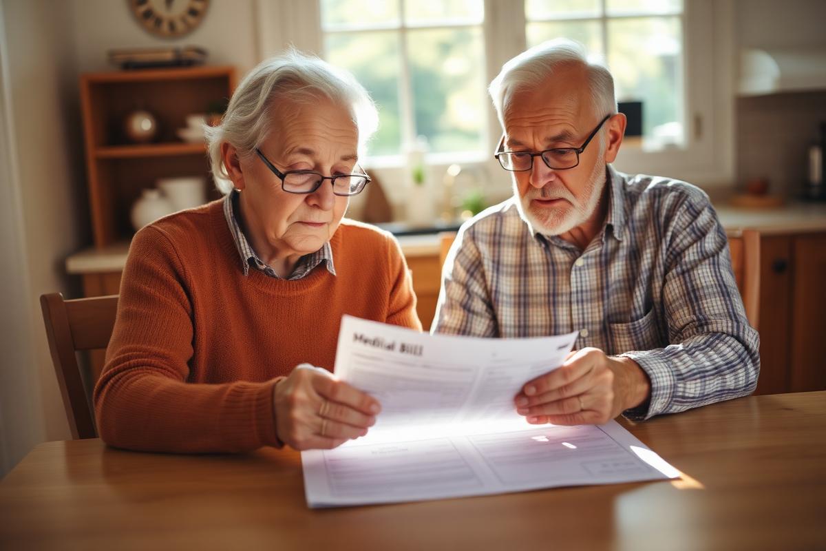 Couple reviewing a medical bill at their kitchen table